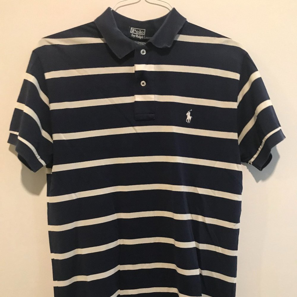 Polo Ralph Lauren blue white striped medium small hole lower back